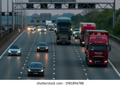 REDBOURN, UK - MAY 27, 2021: Evening traffic on the British motorway M1 near junction 9.