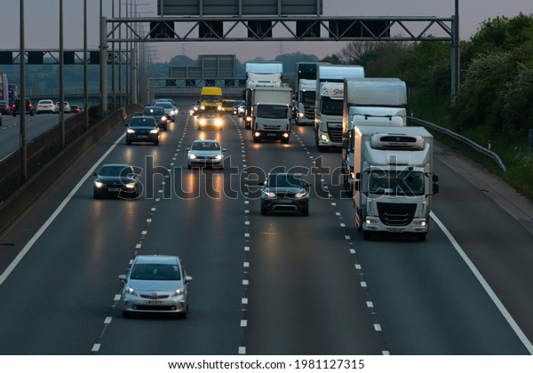 REDBOURN, UK - MAY 27, 2021: Evening traffic\
on the British motorway M1 near junction\
9.