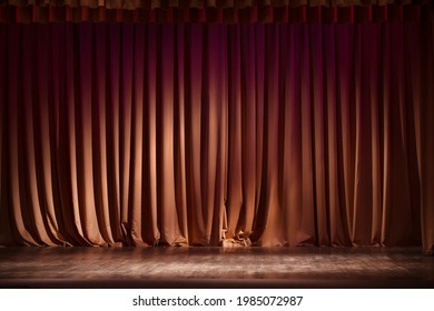 red-brown curtain on the stage with wooden floor and theater backstage, background, texture - Shutterstock ID 1985072987