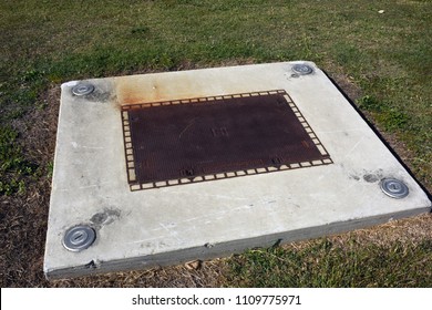 Redcliffe, Queensland, Australia - June 5 2018: Cover On Personnel Access Openings, Manhole Covers, For Sewage Pump Station.