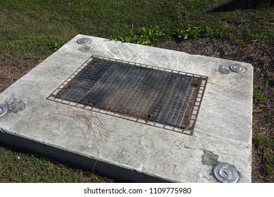 Redcliffe, Queensland, Australia - June 5 2018: Cover On Personnel Access Openings, Manhole Covers, For Sewage Pump Station.