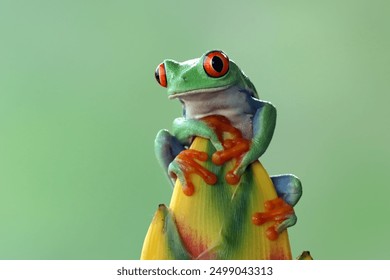 Red-eyed tree frog closeup on the tops of ornamental banana shoots, Red-eyed tree frog (Agalychnis callidryas) closeup, Exotic animal of rain forest