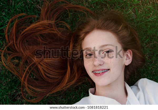 Redhaired Girl Beautiful Brown Eyes Braces Stock Photo Edit Now