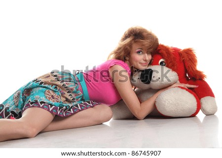 Similar – Image, Stock Photo cute girl near pink wall holding toy