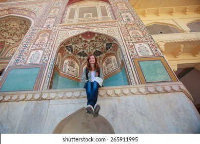 Red-haired Girl Tourist In Nahargarh Fort. Jaipur. India