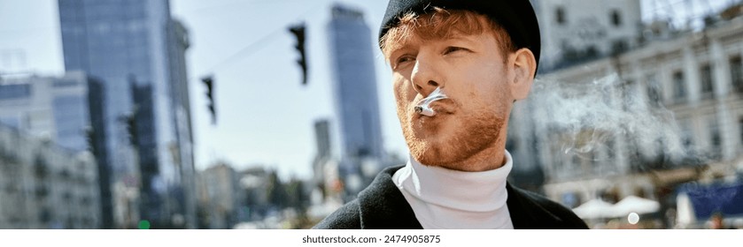 Red-haired man in debonair attire, exuding charm with a cigarette between his lips. - Powered by Shutterstock