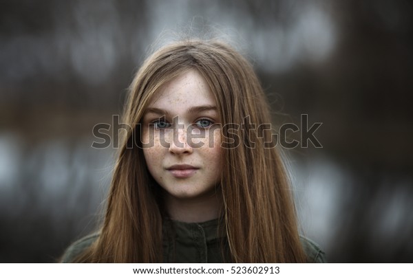 Redhaired Sweet Beautiful Girl Freckles Walks Stock Photo 523602913 ...