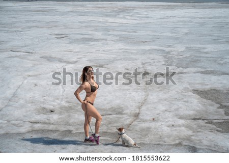A red-haired woman in a bikini walks with a dog on a snowy beach