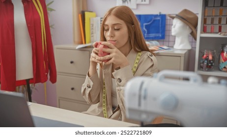 Red-haired woman enjoying a break in a tailor shop with sewing equipment and garments around - Powered by Shutterstock