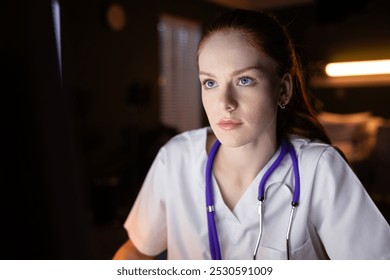 Redhead doctor analyzes test results for precise diagnosis. - Powered by Shutterstock