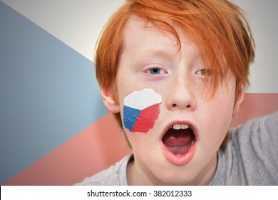 Redhead Fan Boy With Czech Flag Painted On His Face. 