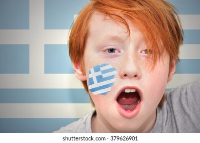 Redhead Fan Boy With Greek Flag Painted On His Face