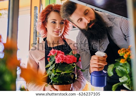 Redhead female holds a pot with roses and bearded tattooed male watering flowers in market shop.