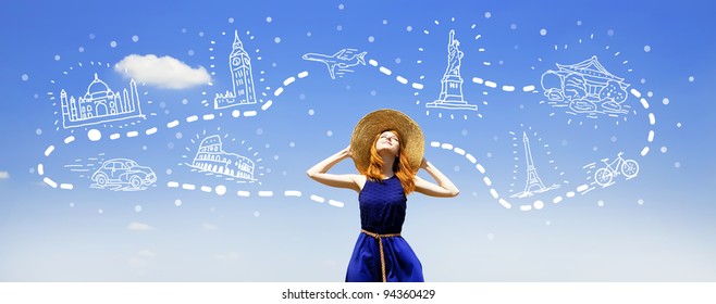 Redhead Girl Dreaming About Traveling Around The World.