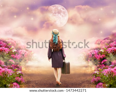 Redhead lady woman in polkadot dress, hat, retro style suitcase walking summer rose field path to mystical glow. Tranquil fantasy fairy tale scene, big giant moon Travel across hills to dream concept.