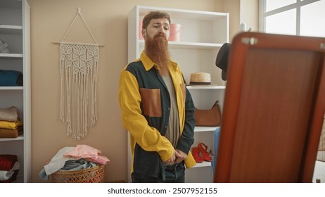 Redhead man with beard in colorful jacket posing indoors at a tailor shop with fabrics and clothing. - Powered by Shutterstock