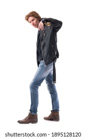 Redhead Man In Black Leather Jacket And Jeans Posing With Electric Guitar On Shoulders. Full Body Isolated On White Background. 