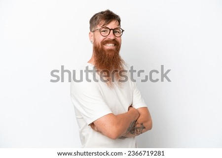Redhead man with long beard isolated on white background with arms crossed and looking forward