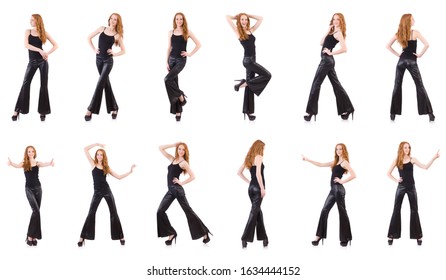 Redhead Woman In Black Bell Bottom Pants On White