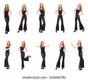 Redhead Woman In Black Bell Bottom Pants On White