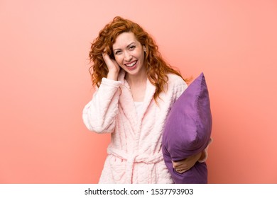 Redhead Woman In Dressing Gown Laughing