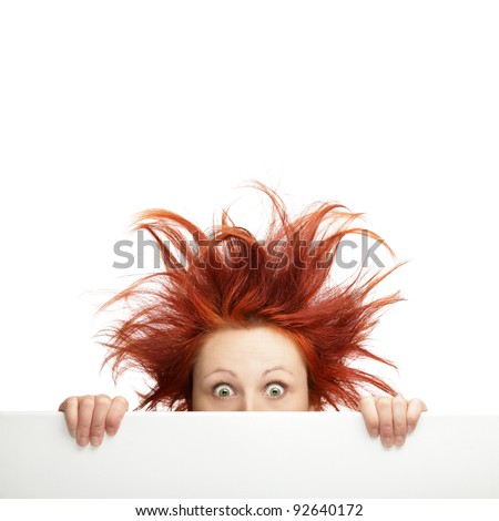 Redhead woman with messy hair with copy space