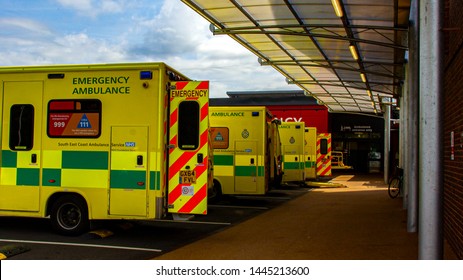 Redhill East Surrey UK July 2019 : Ambulances Line Up At Accident And Emergency  