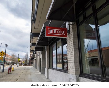 Redmond, WA USA - Circa March 2021: Street View Of A BECU Bank And Credit Union In A Shopping District.