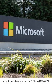 Redmond, Washington / USA - March 28 2019: Side view on a Microsoft sign at the headquarters for the Redmond based cloud computing and software giant