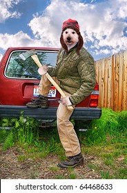 a redneck dog with an axe in his hands