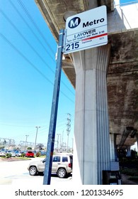 REDONDO BEACH, Los Angeles, California - September 13, 2018: LA Metro Bus Stop Sign At Redondo Beach Metro Rail Station