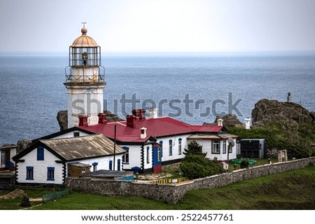 A redroofed lighthouse is on a hill by the ocean