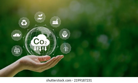 Reduce CO2 emission concept in the hand with icons, global warming for environmental.Net zero and carbon neutral concept. - Shutterstock ID 2199187231