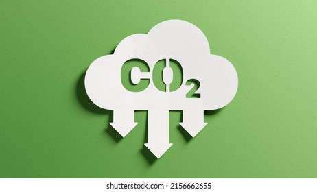 Reduce CO2 emissions to limit climate change and global warming. Low greenhouse gas levels, decarbonize, net zero carbon dioxide footprint. Abstract minimalist design, cutout paper, green background.