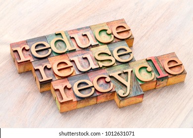 reduce, reuse and recycle (3R concept) - word abstract in wooden letterpress type blocks, resource conservation
