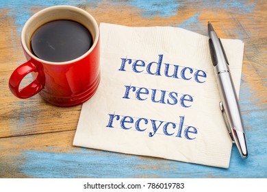 Reduce, reuse, recycle - conservation concept - handwriting on a napkin with a cup of coffee - Shutterstock ID 786019783