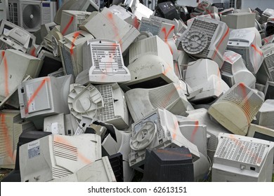 Reduce, Reuse, Recycle Of Discarded Plastic Computer Screen Monitor At The Open Mining Area Of A Recycling Plant.