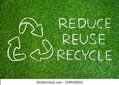 Reduce - Reuse - Recycle Symbol Hand Drawing With Green Nature Background.