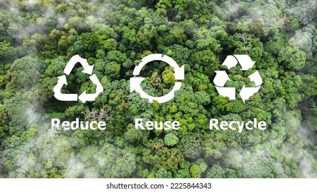 Reduce, reuse, recycle symbol in the middle of a beautiful untouched jungle. Ecological concept. An ecological metaphor for ecological waste management and a sustainable and economical lifestyle. - Shutterstock ID 2225844343