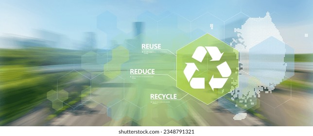 Reduce, reuse, recycle symbol on blurry industrial landscape.  Vector illustration with silhouette of South Korea - Shutterstock ID 2348791321
