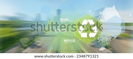 Reduce, reuse, recycle symbol on blurry industrial landscape.  Vector illustration with silhouette of South Korea
