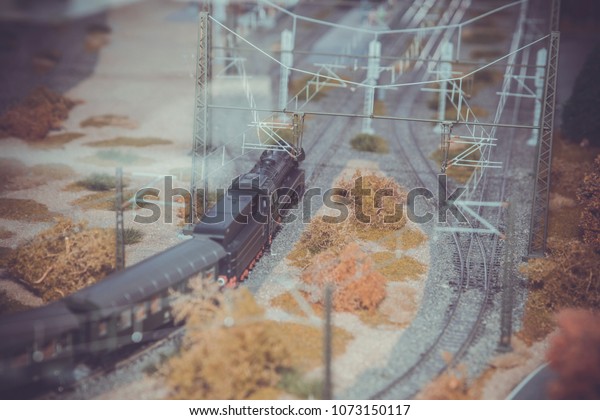 reduced\
train model on the tracks, background toned\
image