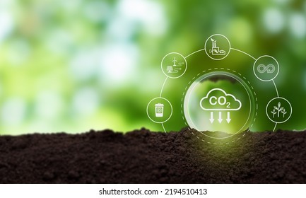 Reduction of carbon emissions, carbon neutral concept. Net zero greenhouse gas emissions target.Reducing carbon footprint concept.Decreasing CO2 emissions target symbol on green view background.