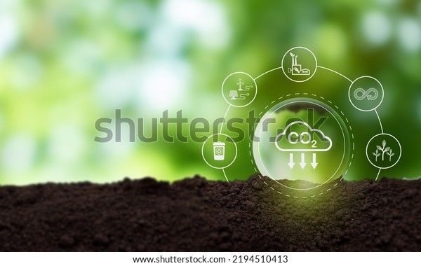Reduction of carbon emissions, carbon neutral\
concept. Net zero greenhouse gas emissions target.\
Reducing carbon\
footprint concept.\
Decreasing CO2 emissions target symbol on green\
view background.