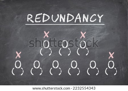 Redundancy text and employees drawing on blackboard background. Process of terminating employees from their job concept.