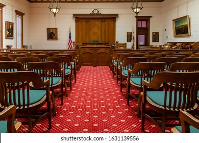 REDWOOD CITY, CALIFORNIA, USA - March 4, 2019: Empty Vintage Courtroom 