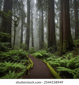 The Redwood Forest is a majestic, ancient forest known for its towering, centuries-old redwood trees. - Powered by Shutterstock