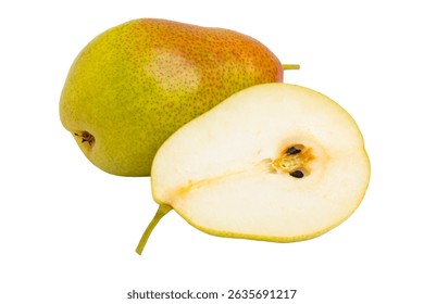 Red-yellow pear with half, lying flat, front view, isolated on white background.