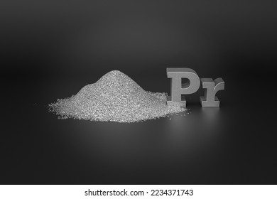 REE - rare-earth element Praseodymium. A handful of silvery-white metallic powder and the chemical symbol Pr on a black background. Praseodymium is a rare earth metal - Shutterstock ID 2234371743