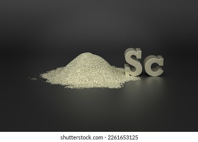 REE - rare-earth element Scandium. A handful of light golden metallic powder and the chemical symbol Sc on a black background. Scandium - rare earth metal - Shutterstock ID 2261653125
